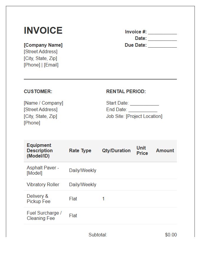 Paver Equipment Rental Invoice Template