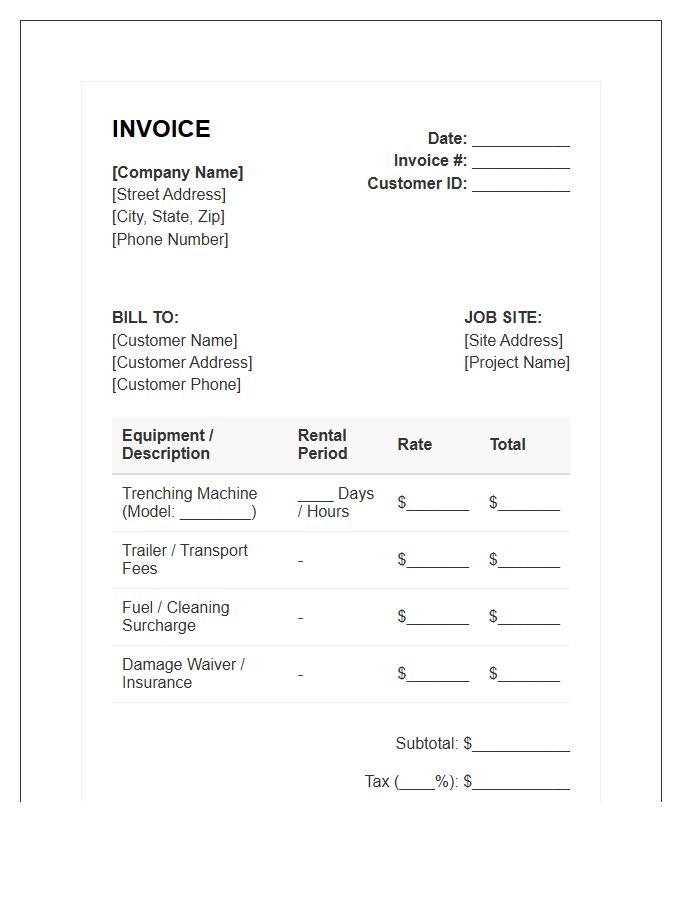 Trenching Machine Rental Invoice Template