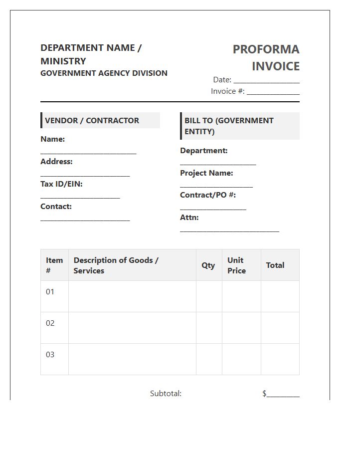 Government Project Proforma Invoice Template