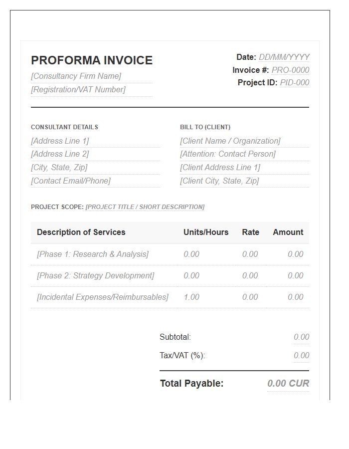 Official Consultancy Project Proforma Invoice Template