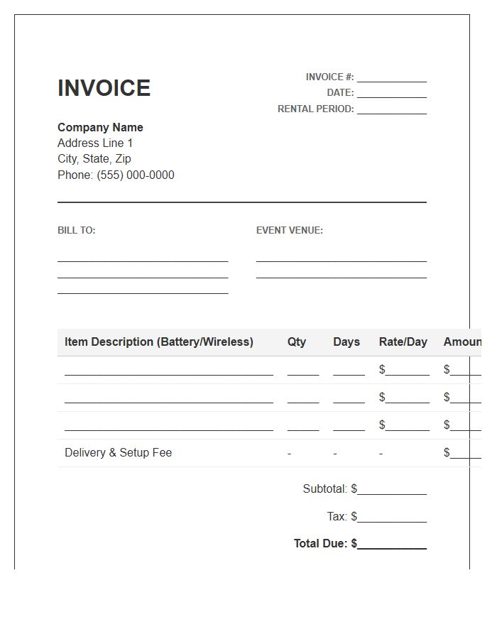 Battery Powered Lighting Rental Invoice Template