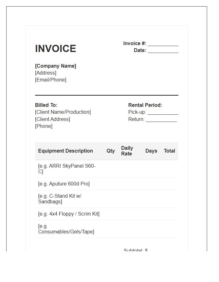 Cinema Lighting Kit Rental Invoice Template
