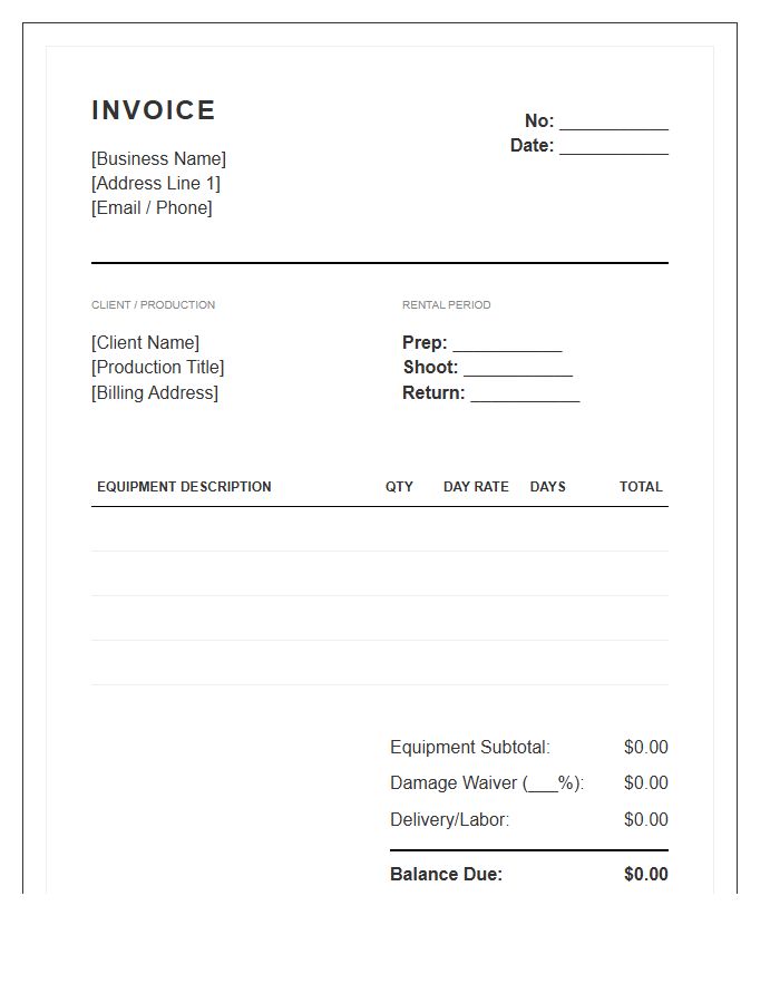 Commercial Photography Lighting Rental Invoice Template