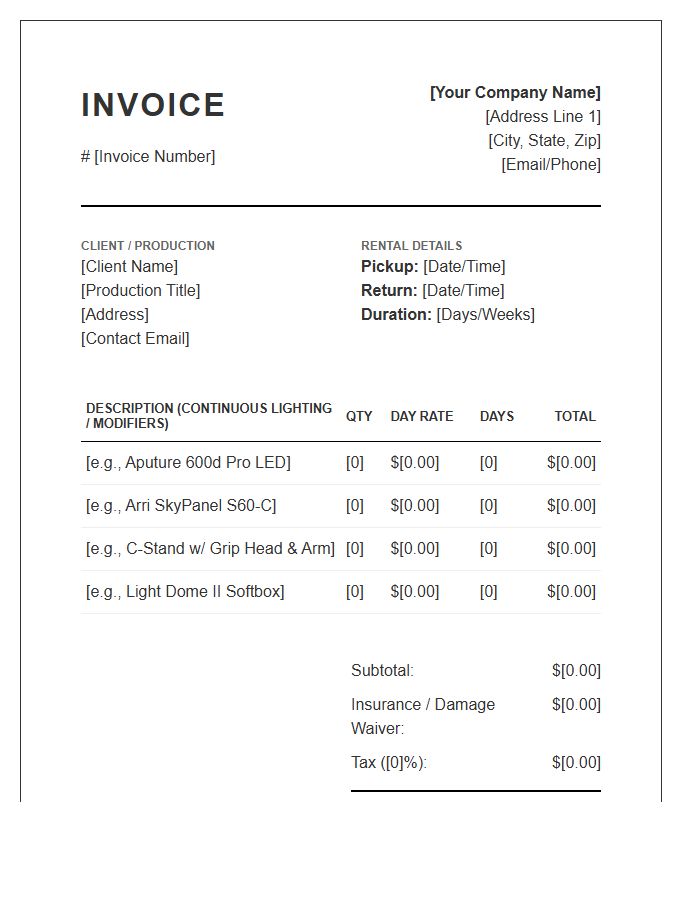 Continuous Lighting Gear Rental Invoice Template