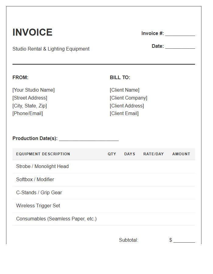 Digital Photography Lighting Rental Invoice Template