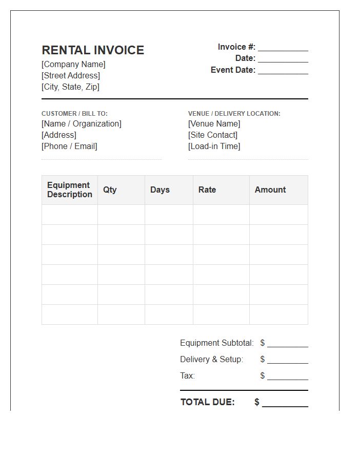 Event Lighting Equipment Rental Invoice Template