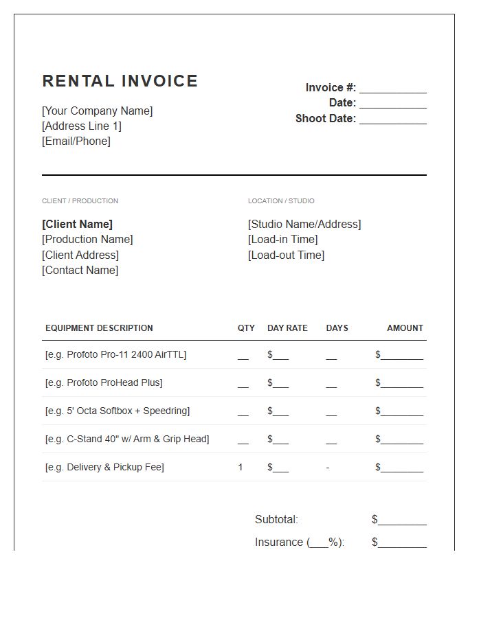 Fashion Photography Lighting Rental Invoice Template