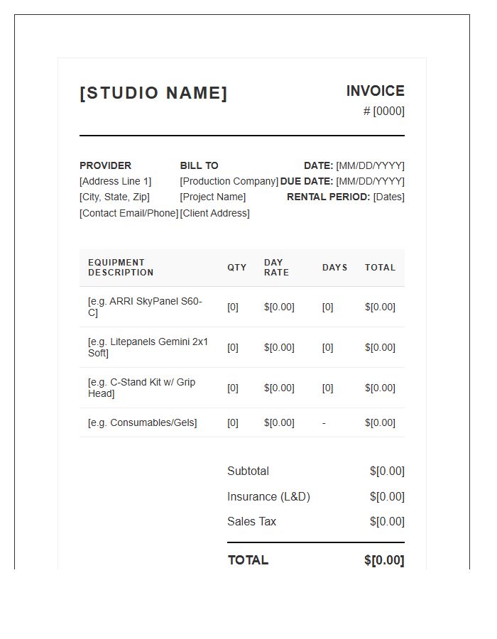 High End Lighting Equipment Rental Invoice Template