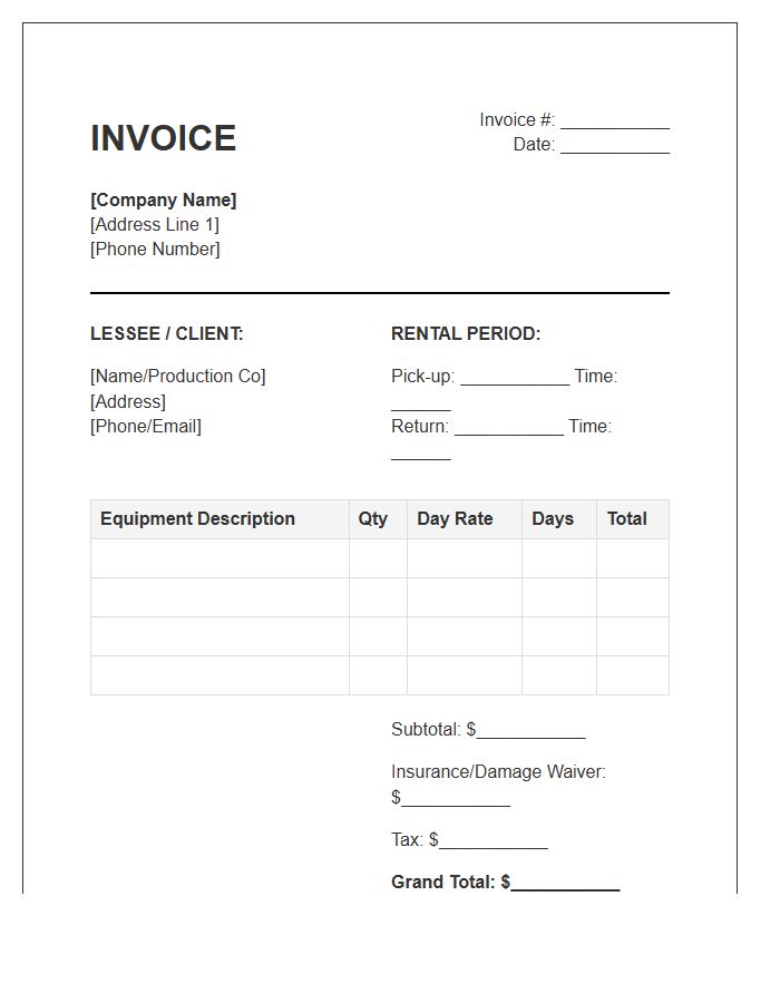 Photography Lighting Rental Agreement Invoice Template
