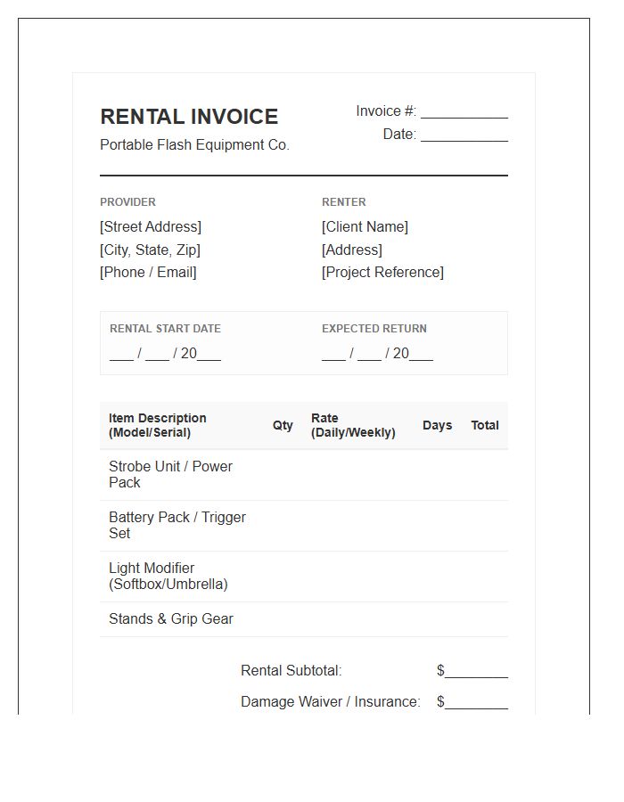 Portable Flash Equipment Rental Invoice Template