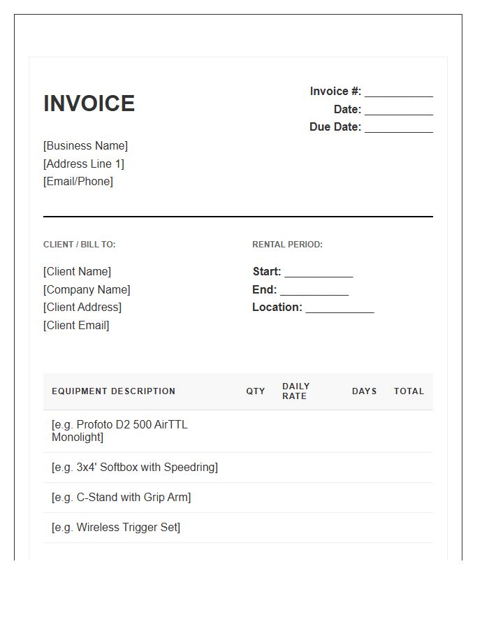 Product Photography Lighting Rental Invoice Template