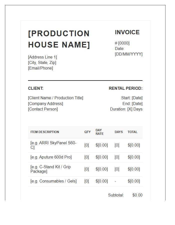 Production House Lighting Rental Invoice Template
