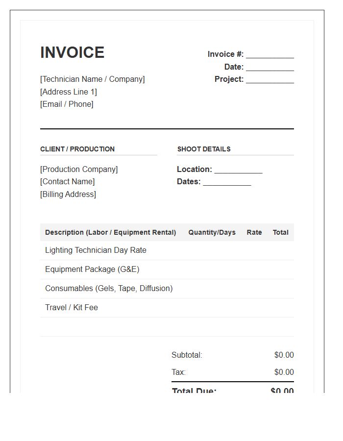 Professional Lighting Technician Rental Invoice Template