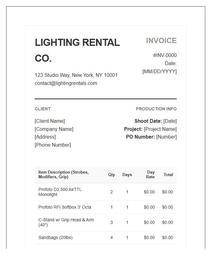 Professional Photography Lighting Rental Invoice Template