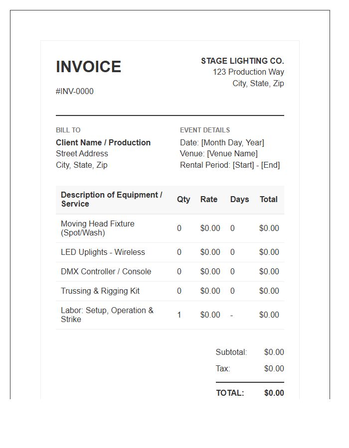 Stage Lighting Rental Services Invoice Template