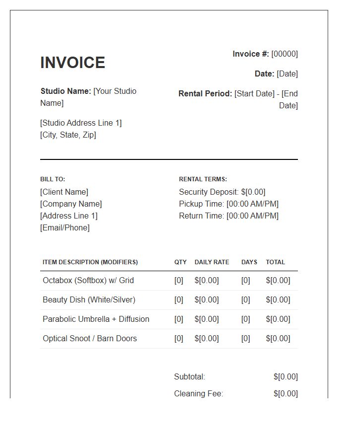 Studio Lighting Modifier Rental Invoice Template
