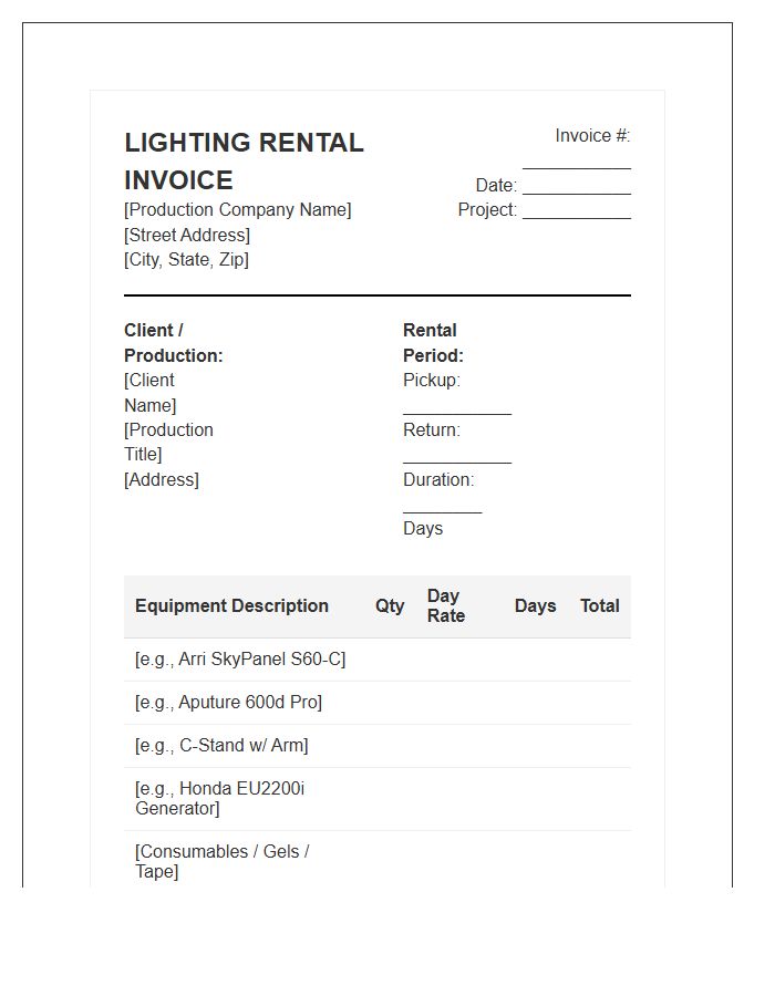 Video Production Lighting Rental Invoice Template