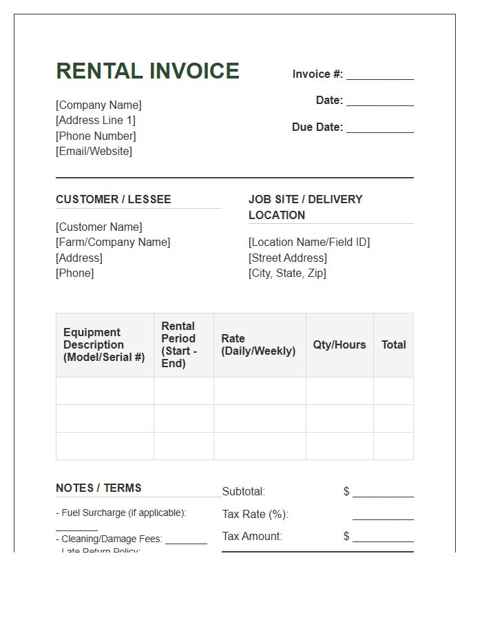 Agricultural Equipment Rental Statement Invoice Template