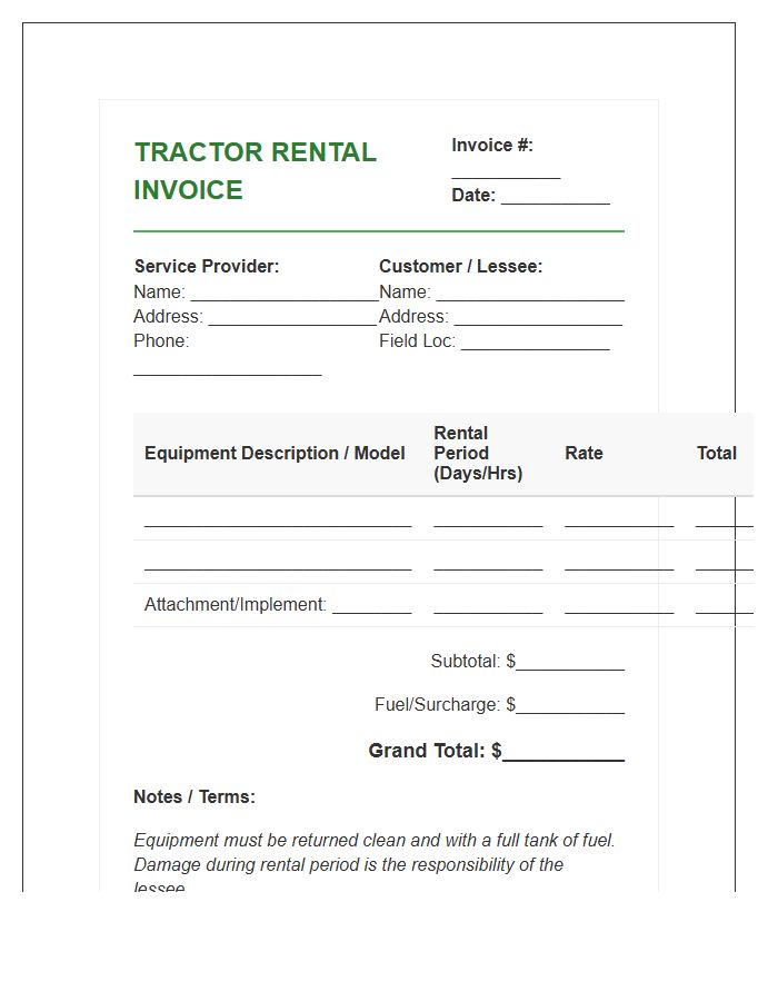 Agriculture Tractor Rental Invoice Template
