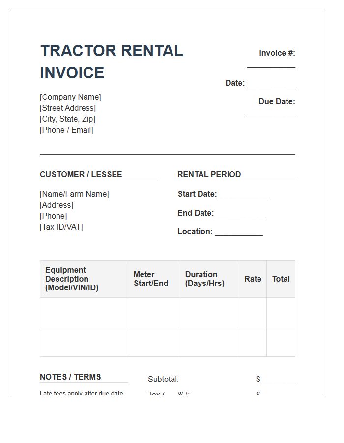 Commercial Agriculture Tractor Rental Invoice Template