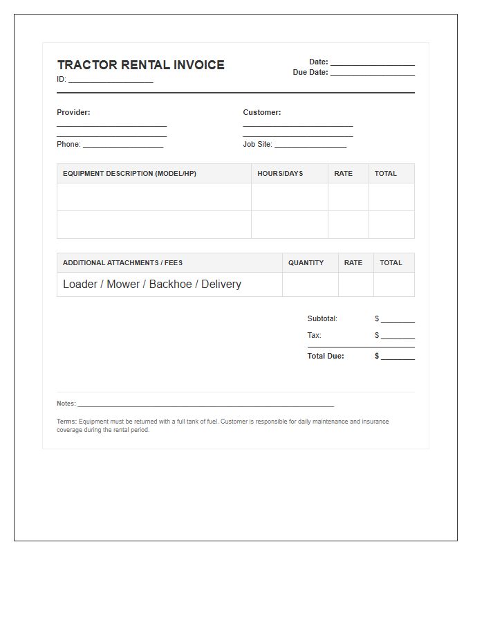 Compact Agriculture Tractor Rental Invoice Template