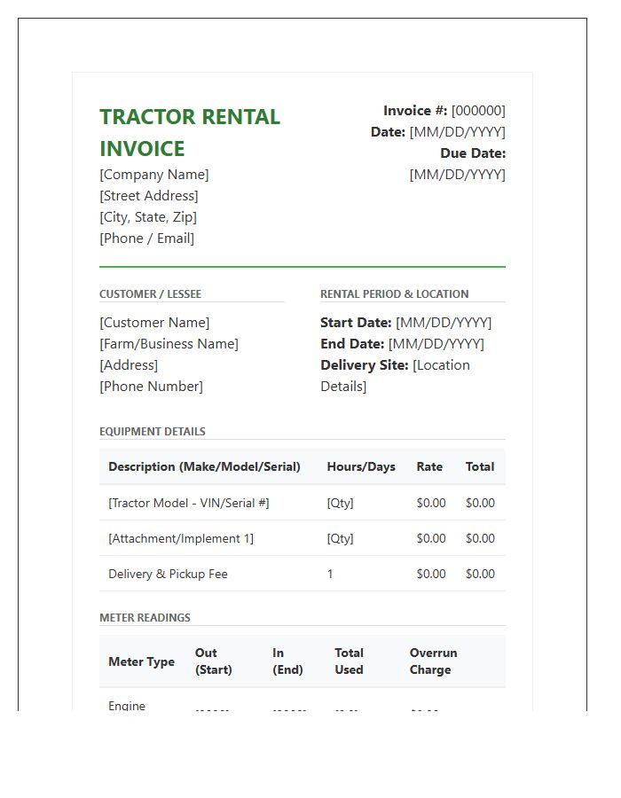 Comprehensive Farm Tractor Rental Invoice Template