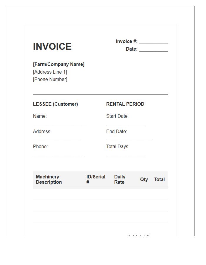Daily Farm Machinery Rental Invoice Template