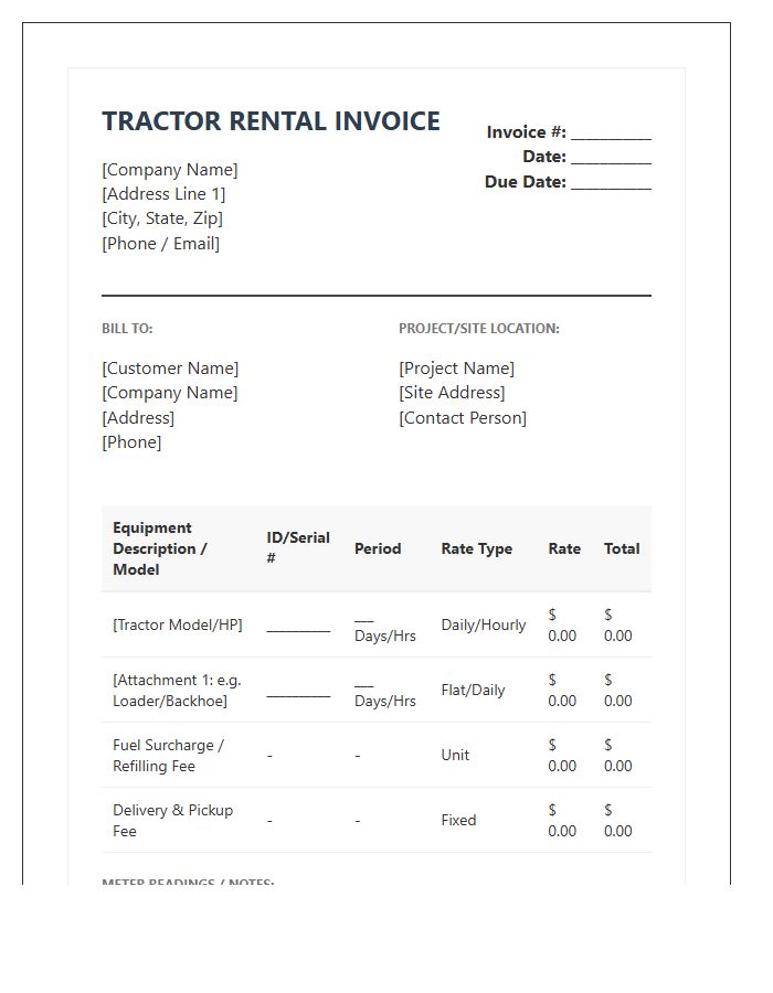 Detailed Tractor Rental Expense Invoice Template