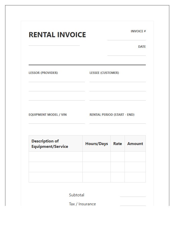 Formal Tractor Rental Transaction Invoice Template