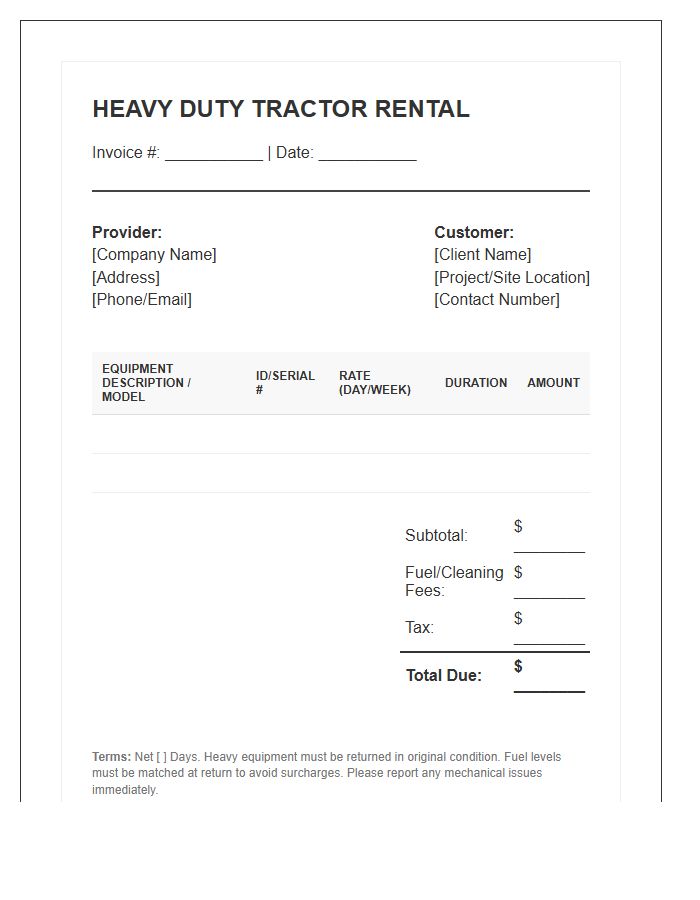 Heavy Duty Tractor Rental Invoice Template