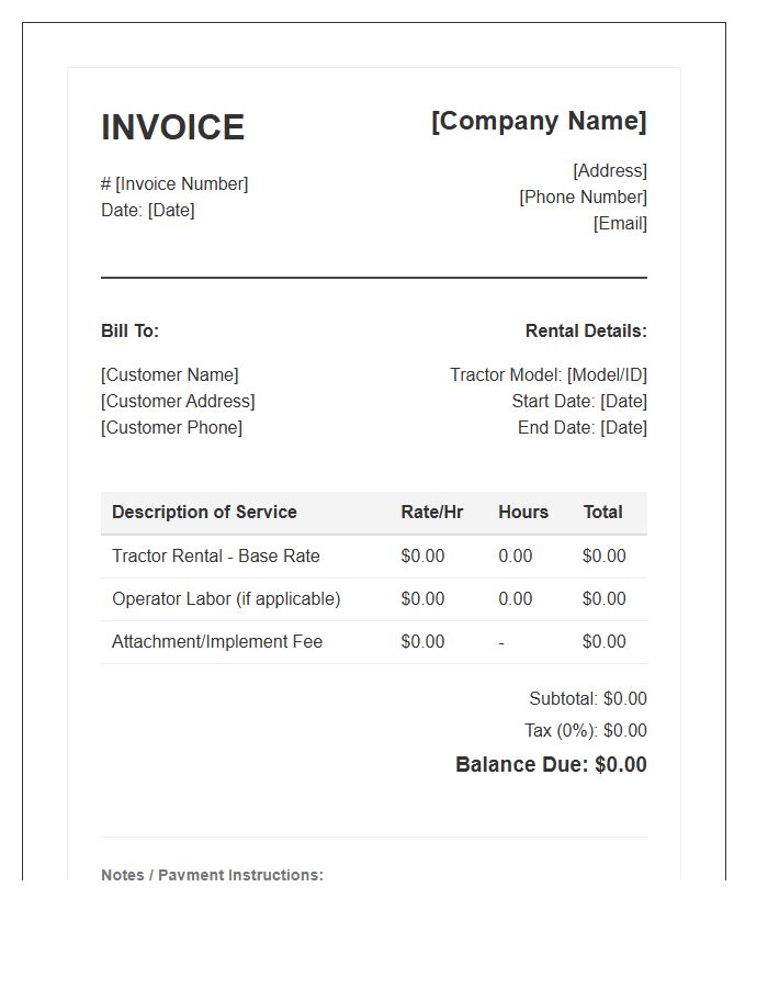 Hourly Tractor Rental Service Invoice Template