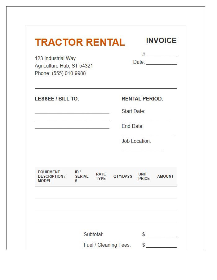Industrial Farm Tractor Rental Invoice Template