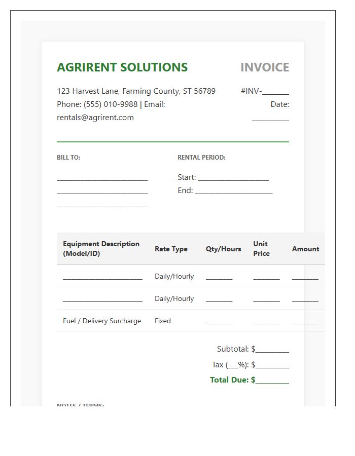 Modern Agriculture Tractor Rental Invoice Template