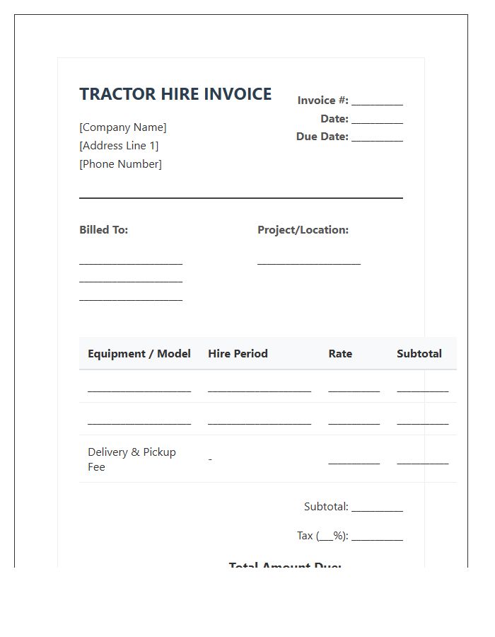 Professional Tractor Hire Payment Invoice Template