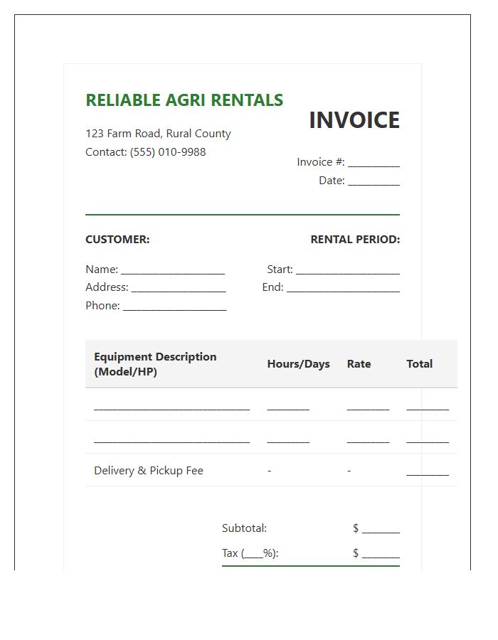 Reliable Agriculture Tractor Rental Invoice Template
