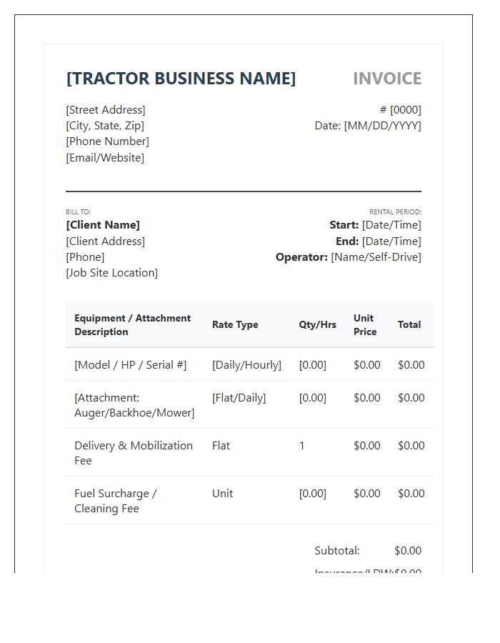 Specialized Tractor Rental Business Invoice Template