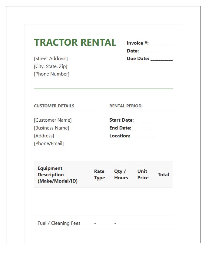 Standard Agriculture Tractor Rental Invoice Template