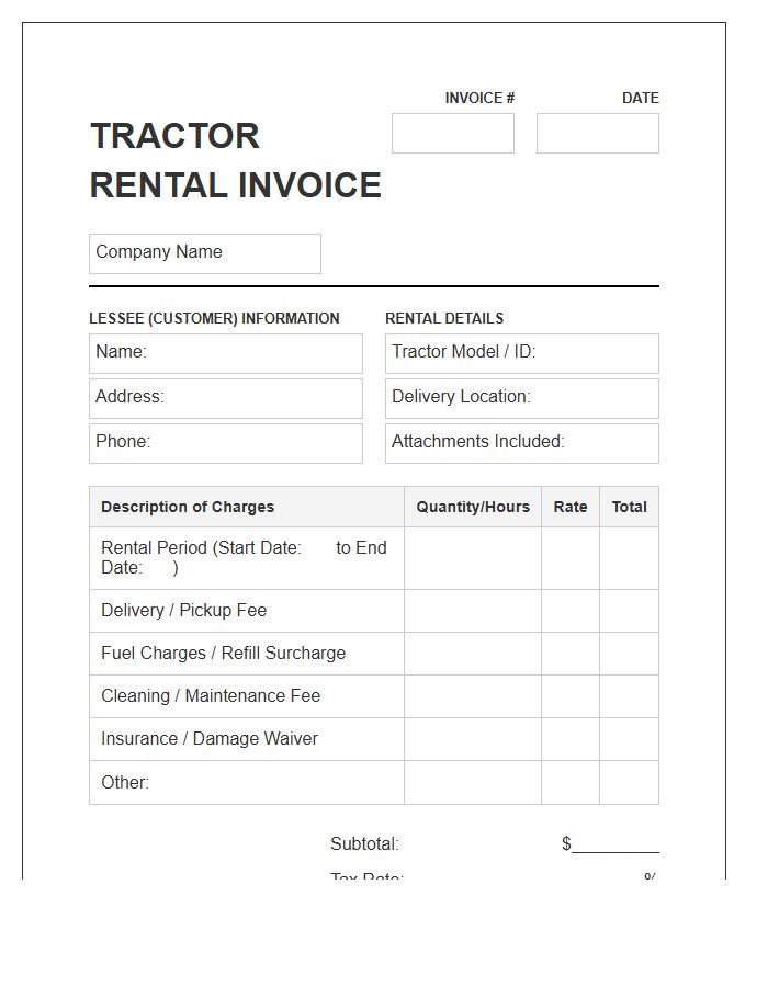 Tractor Rental Agreement Billing Invoice Template