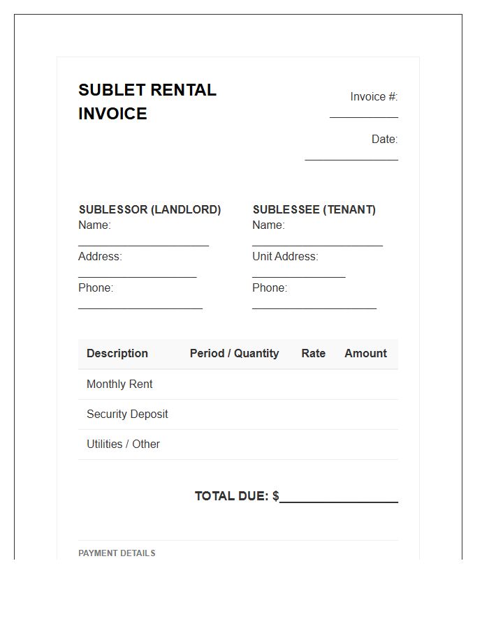 Apartment Sublet Rental Invoice Template