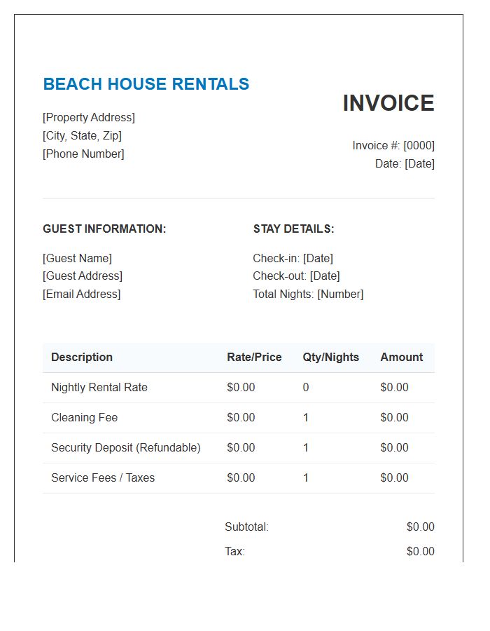 Beach House Rental Invoice Template