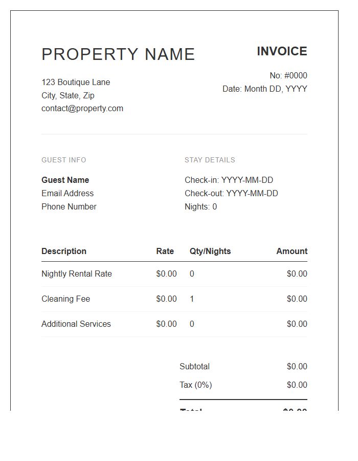 Boutique Rental Property Invoice Template