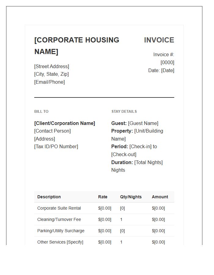 Corporate Housing Stay Invoice Template