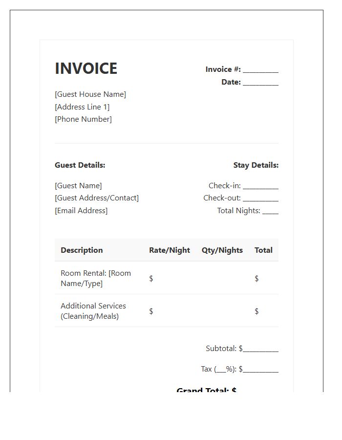 Guest House Rental Invoice Template