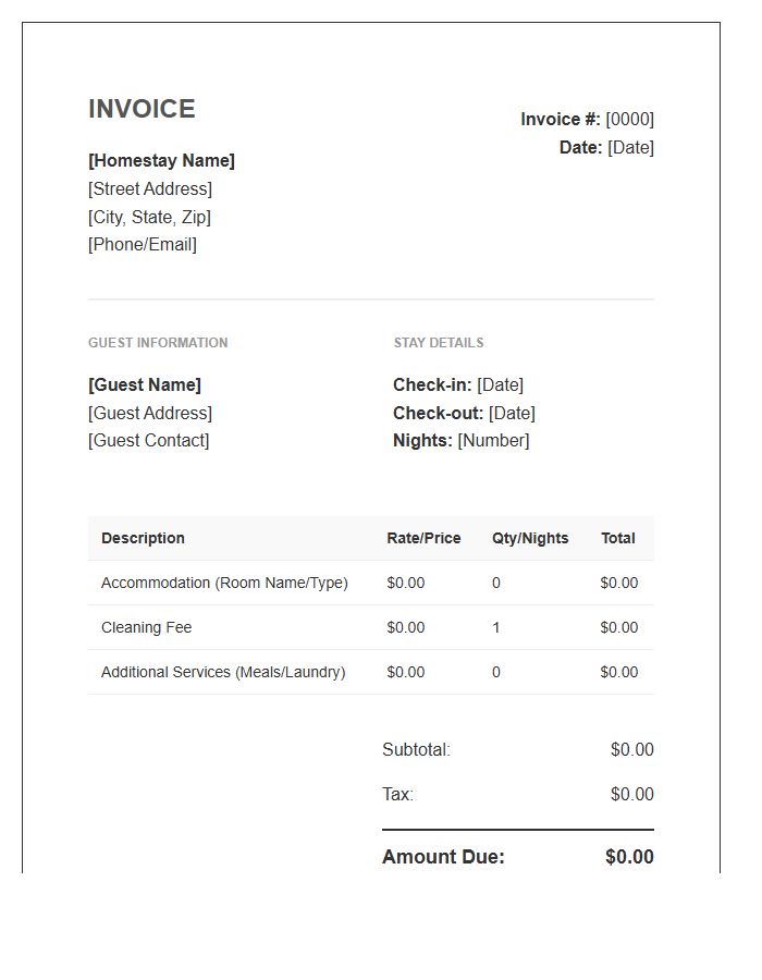 Homestay Guest Rental Invoice Template