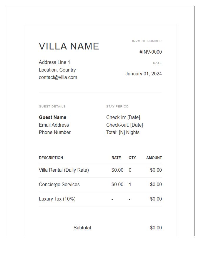 Luxury Villa Rental Invoice Template