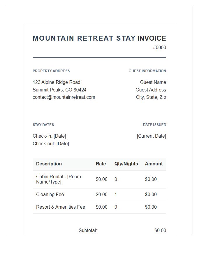 Mountain Retreat Stay Invoice Template