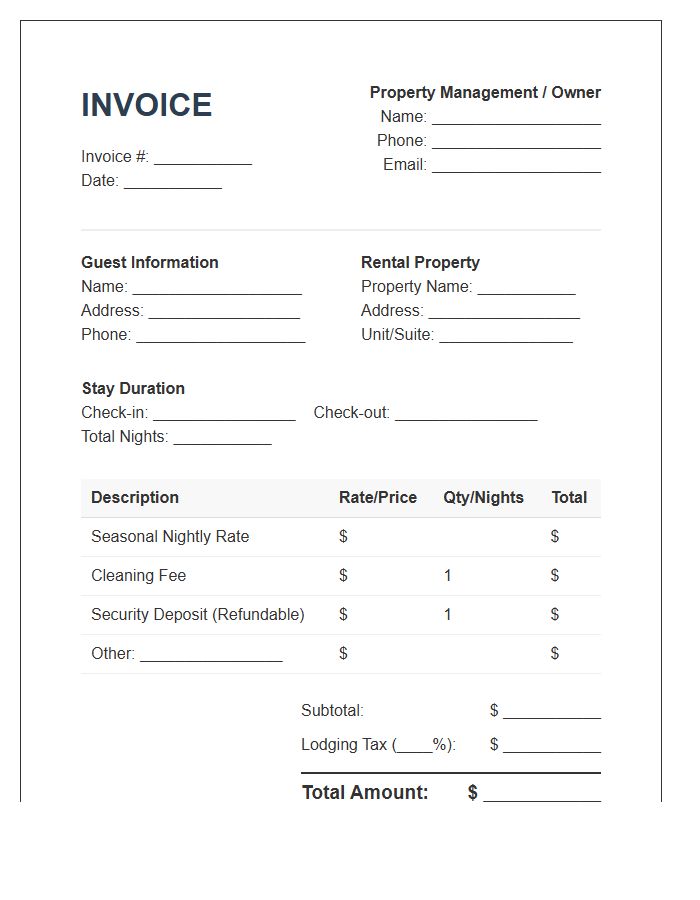 Seasonal Rental Property Invoice Template