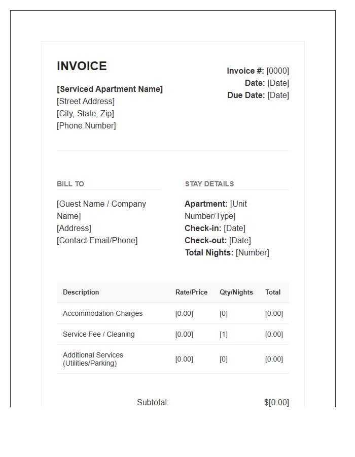 Serviced Apartment Rental Invoice Template