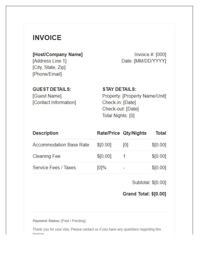 Short Stay Accommodation Invoice Template