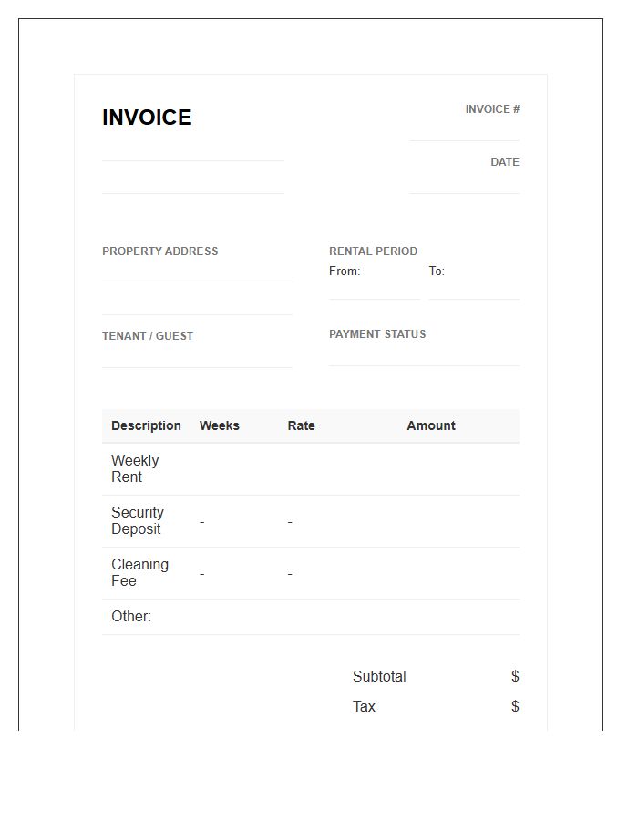Weekly Rental Property Invoice Template